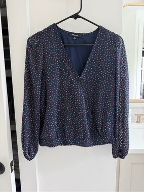 Madewell Navy Dotted Floral V-Neck Blouse